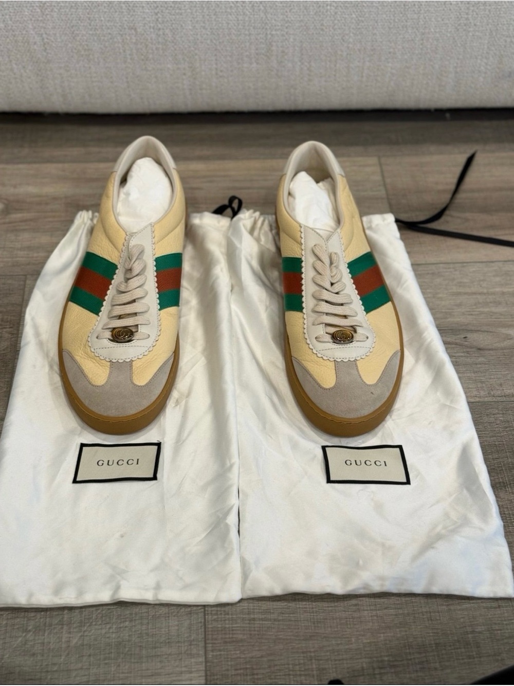 Gucci Cream Leather & Suede Sneakers with Green and Red Web